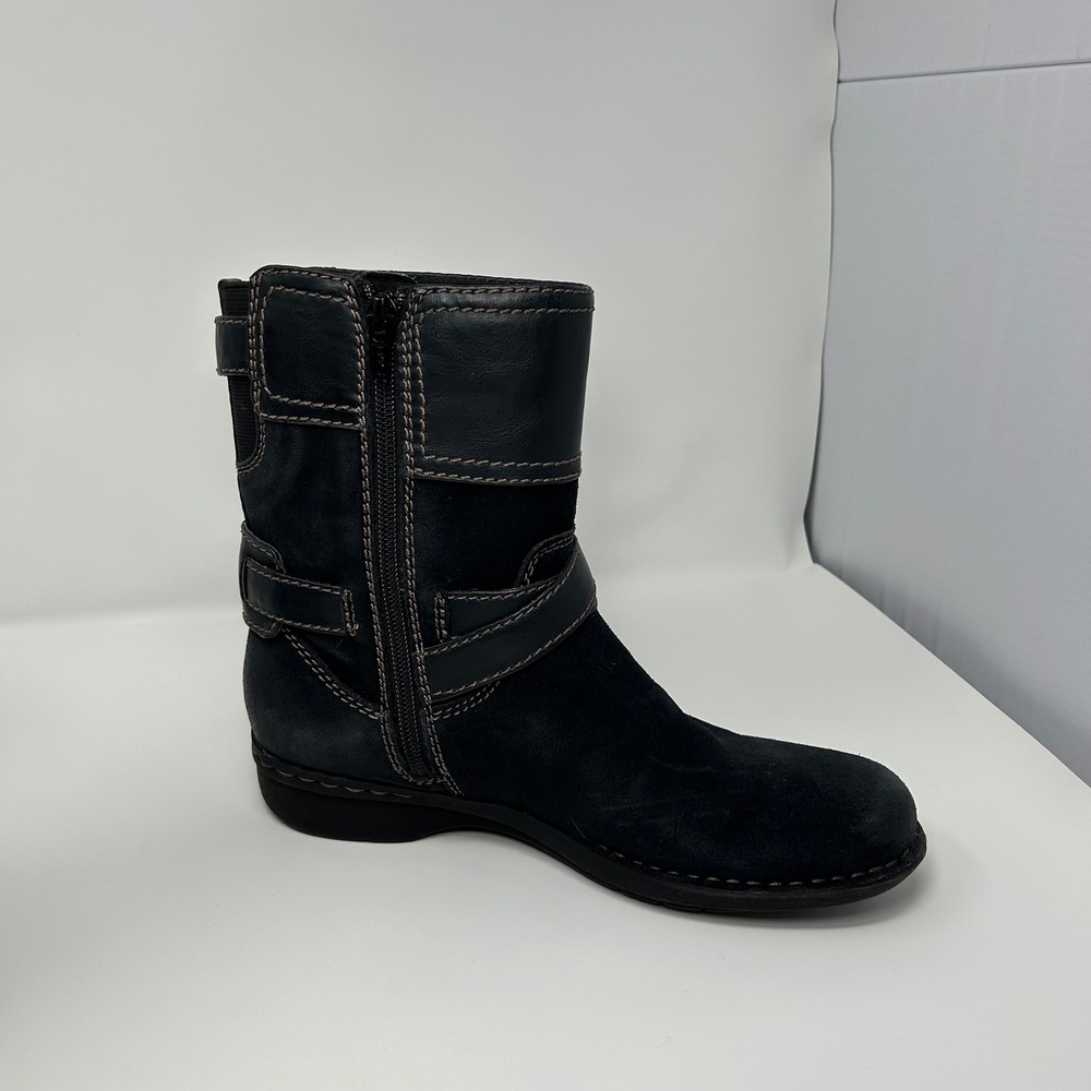 Clarks Artisan Black Suede Leather Moto Boots Buckle MidCalf Side Zip Womens 7.5 - Picture 3 of 14